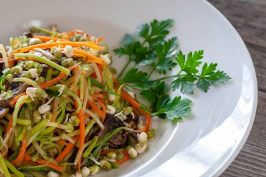 Vejetaryen yiyecekler: kabak, havuç, salatalık, mantar, limon suyu ve sarımsak yağı ile Filizlenmişti tohumları gelen sebze erişte.