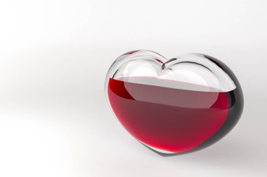 Cam kalp kan kopya alanı bir beyaz zemin üzerine kırmızı sıvı ile doldurulur. Bir kan damarı gibi yatmaktadır. Konsept: kalp aşk, kan verici hayat ile doludur. 3D render.