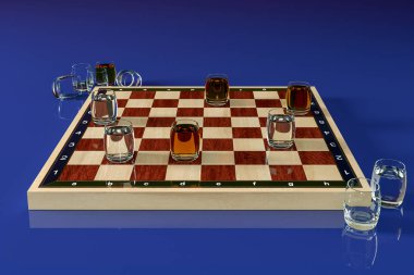 Dama yerine alkollü içecekler bardak ile satranç masası. Mavi bir arka plan üzerinde. İçenlere için Oyun dama. Fondip bardakları dama olarak alkollü içecekler. 3D render.