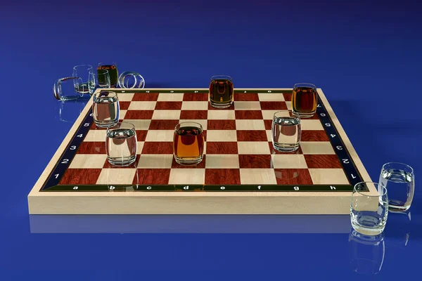 Chess Board with glasses of alcoholic beverages, instead of checkers. On a blue background. Checkers game for drinkers. Alcoholic drinks in shot glasses as checkers. 3d rendering.