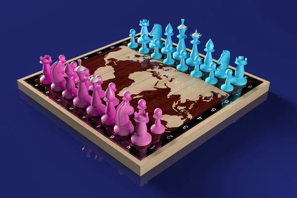 블루와 지도와 체스판에 위치에 있습니다 파란색 배경입니다 남녀의 렌더링 — 스톡 사진