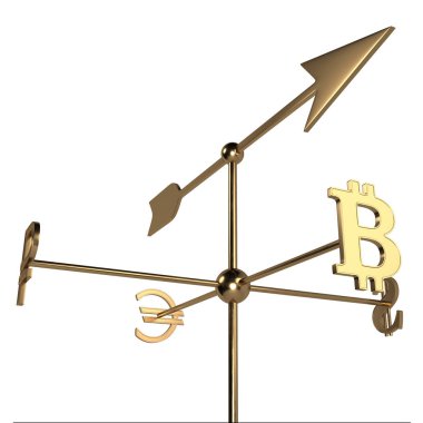 Farklı ülkelerin para birimi işaretiyle rüzgar gülü. Oku bitcoin cryptocurrency hızını gösterir. 3D render. Beyaz izole.