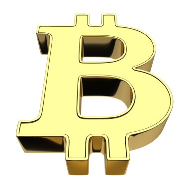 cryptocurrencies - bitcoin, altın, sembolü 3D render beyaz arka plan üzerinde izole. Aşağıdan önden görünüm.