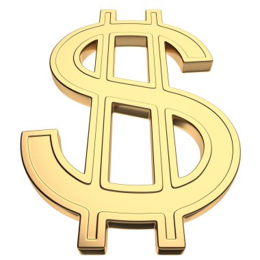 bize 3D render Doları para birimi sembolü, beyaz arka plan üzerinde izole altın. Aşağıdan önden görünüm.