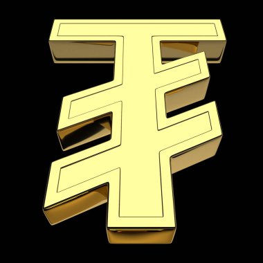 3D render Moğol Tugrik, altın, para birimi simgesi siyah arka plan üzerine izole. Aşağıdan önden görünüm.