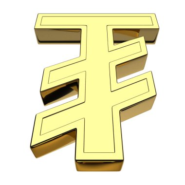 3D render Moğol Tugrik, altın, para birimi simgesi beyaz arka plan üzerinde izole. Aşağıdan önden görünüm.