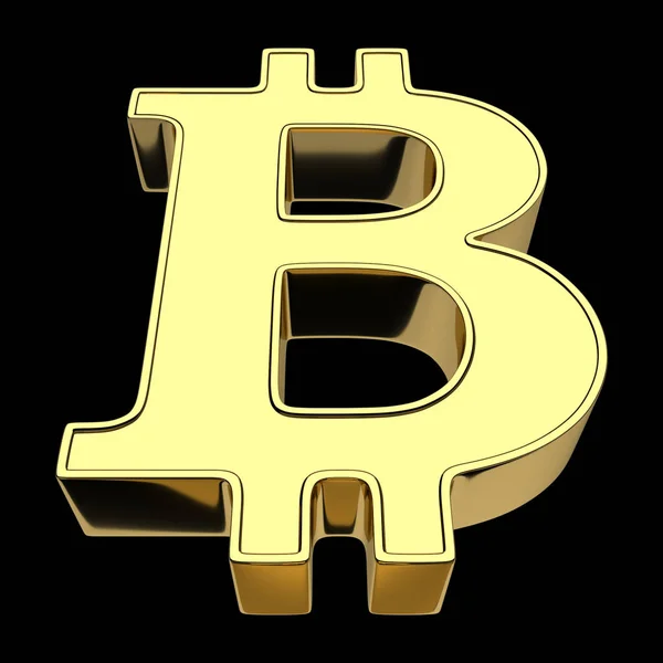 Renderização Símbolo Cryptocurrencies Bitcoin Ouro Isolado Fundo Preto Vista Frontal — Fotografia de Stock