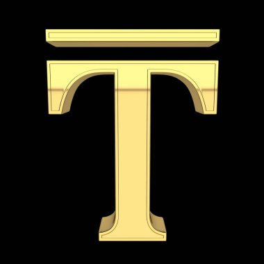 3D render Kazakistan para birimi sembolü. Kazakistan tenge. Metalik, altın, siyah arka plan üzerine izole.