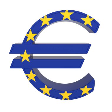 Para birimi simgesiyle ulusal bayrak. Avrupa Birliği'nin para birimi Euro'dur. 3d render üzerinde beyaz izole. Önden görünüm.