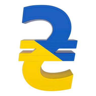 Currency symbol with national flag. Ukrainian hryvnia. 3d render isolated on white. Front view.