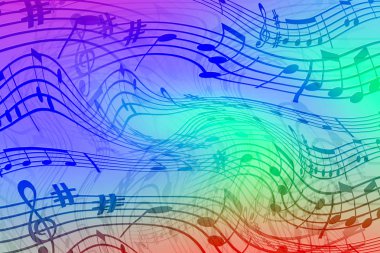 Müzik teması nda soyut renkli arka plan. Dalgalı ve renkli çizgili arka plan. Stilize edilmiş notaların arka planı.