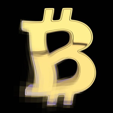 Döviz Alım - bitcoin-çökmeler büyük pikselleri sembolü. Altın, metalik. Siyah izole. 3D render.