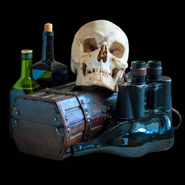 Human skull and a set of vintage items for the traveler, pirate, treasure hunter. Still Life on Piracy. Isolated on black.
