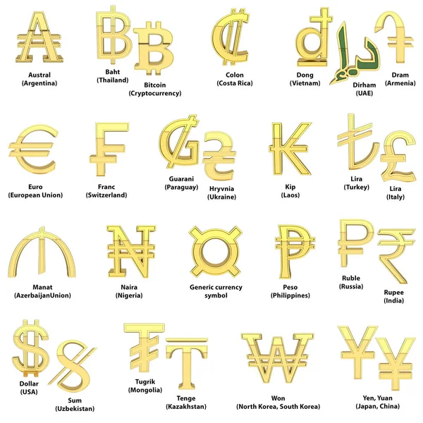 Alphabet Des Symboles Des Monnaies Des Différents Pays Ensemble Symboles — Photo