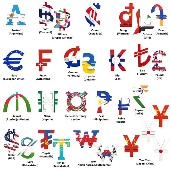 Alfabeto Símbolos Moneda Diferentes Países Conjunto Símbolos Moneda Mundial Con —  Fotos de Stock