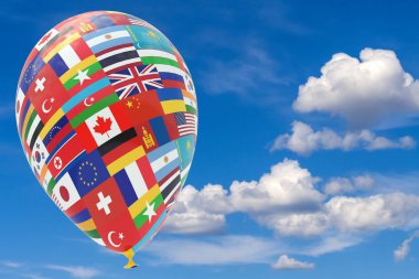 Mavi gökyüzünde Dünya Ulusal bayrakları taşıyan balon. 3D render, illüstrasyon kopya alanı ile.