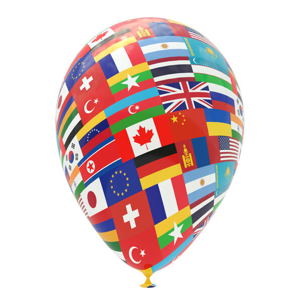 Balloon with national flags of the world, isolated on white. 3D rendering, illustration.