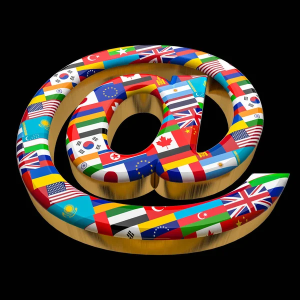 Symbol Email with national flags of the world, isolated on black. Bottom view. 3D rendering, illustration.