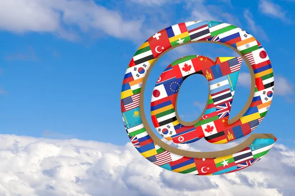 Symbol Email with the national flags of the world in the blue sky. 3D rendering, illustration with copy space.