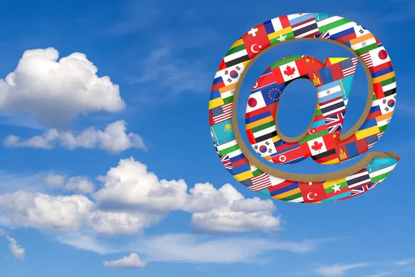 Symbol Email with the national flags of the world in the blue sky. 3D rendering, illustration with copy space.