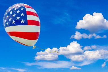 Mavi gökyüzüne karşı uçan ABD bayrağı görüntü ile balon. 3 boyutlu görselleştirme, illüstrasyonlar kopya alanı ile.
