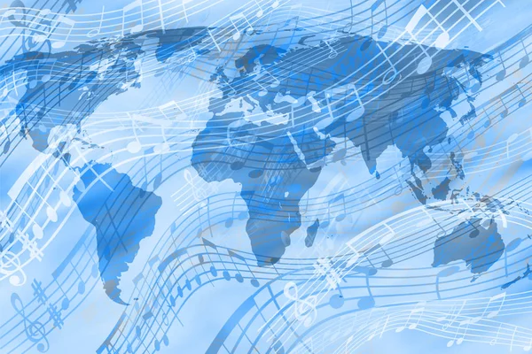 Błękitny Tło Temat Muzyczny Wizerunkiem Kontynentów Muzyka Świata — Zdjęcie stockowe