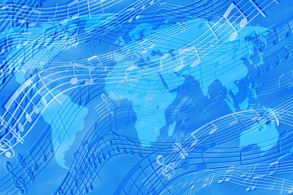 Fondo Azul Abstracto Sobre Tema Musical Con Mapa Del Mundo — Foto de Stock