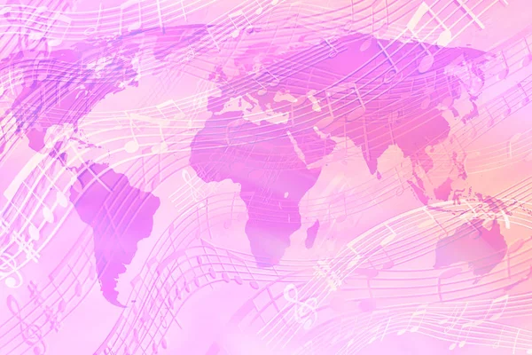 Różowy Tło Temat Muzyczny Mapą Świata Muzyka Świata — Zdjęcie stockowe