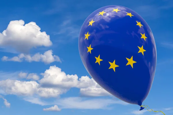 Balón Obrazem Vlajky Evropské Unie Letící Proti Modré Obloze Vykreslování — Stock fotografie