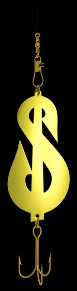 Dolar Połowów Przynęty Ilustracja Wizualizacji Połowów Przynęty Postaci Złoty Symbol — Zdjęcie stockowe