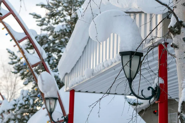 Ungewöhnliche Schneekappen Auf Straßenlaternen Szene Verschneiter Winter Sibirien — Stockfoto