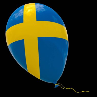 İsveç bayrağı görüntü ile balon. 3D render, illüstrasyon izole siyah.