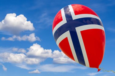 Şişme balon mavi gökyüzüne uçan Norveç bayrağı görüntü ile. 3D render, illüstrasyon kopya alanı ile.