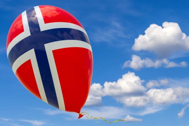 Şişme balon mavi gökyüzüne uçan Norveç bayrağı görüntü ile. 3D render, illüstrasyon kopya alanı ile.