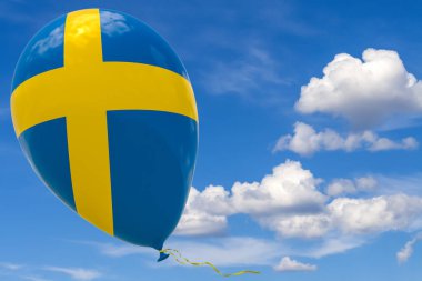 Şişme balon mavi gökyüzüne uçan İsveç ' in ulusal bayrak görüntü ile. 3D render, illüstrasyon kopya alanı ile.