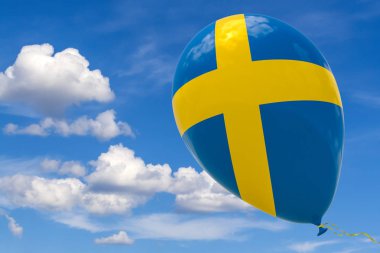 Şişme balon mavi gökyüzüne uçan İsveç ' in ulusal bayrak görüntü ile. 3D render, illüstrasyon kopya alanı ile.