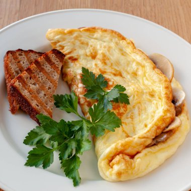 Vejetaryen yemek. Otlar ve tost ile dekore edilmiş mantarlı omlet. Kare biçimi.