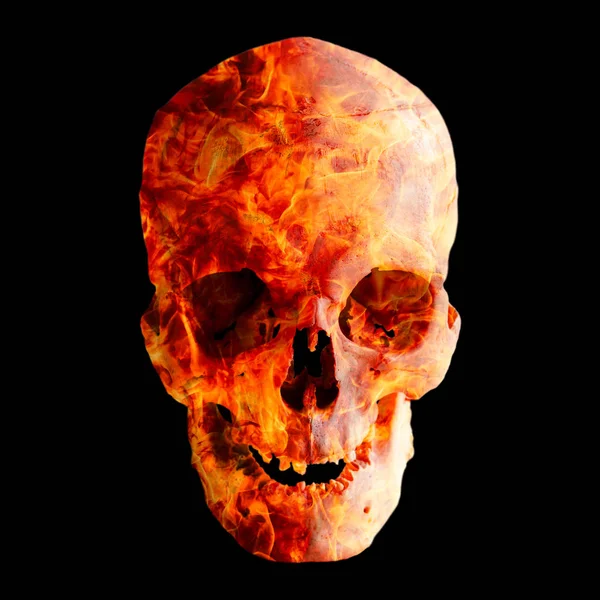 Menselijke schedel in vlam op donkere achtergrond. — Stockfoto