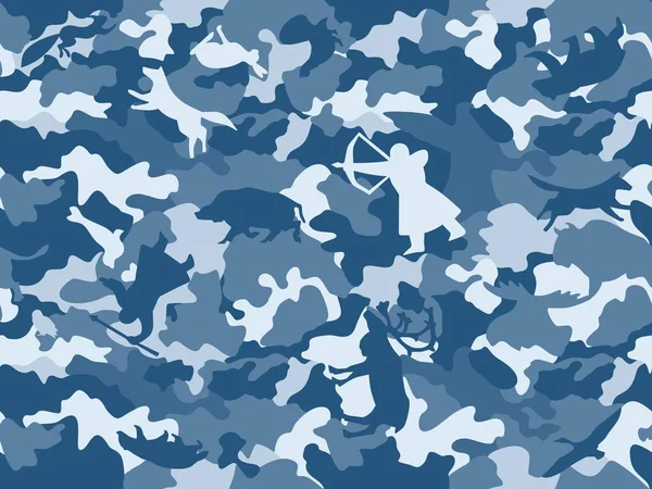 Seamless camouflage with images of animals and hunters of the Fa