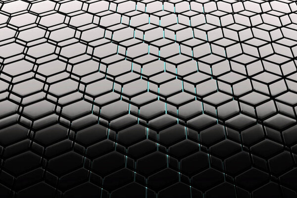 Background - hexagonal lattice structure similar to a honeycomb. Black cell honeycomb. 3D visualization, illustration, background.