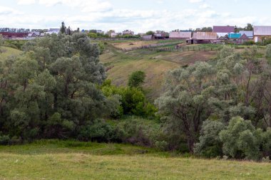 Kırsal peyzaj. Beyaz bulutlarla gökyüzünün altındaki Rus köyü