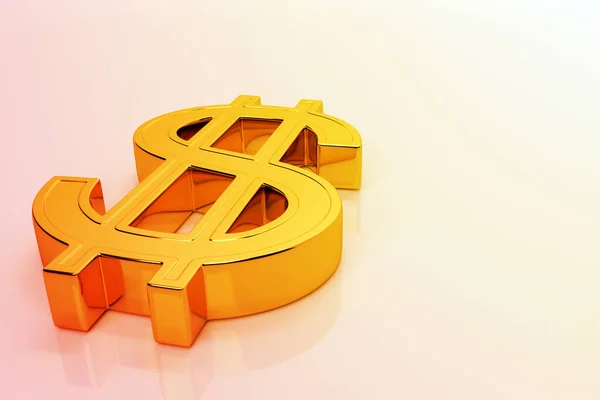 Golden dollar Sign lies on a bright glossy surface in orange t
