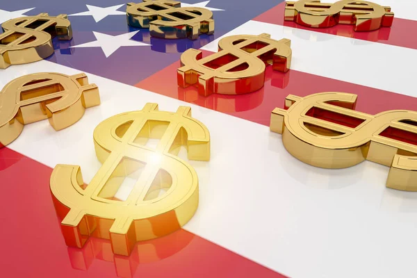 Many golden dollar Signs lie on the glossy surface of the US f