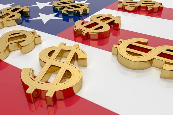 Dollars on the american flag. Many golden dollar Signs lie on — Stock Photo, Image