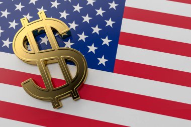 Amerikan bayrağının tepesinde üç boyutlu altın dolar işareti.