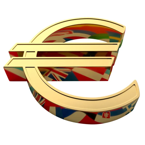 Golden euro sign with the reflection of the national flags of th — Stock Photo, Image