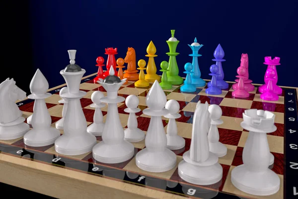 Piezas de ajedrez blanco contra ajedrez multicolor. Ajedrez en el col — Foto de Stock