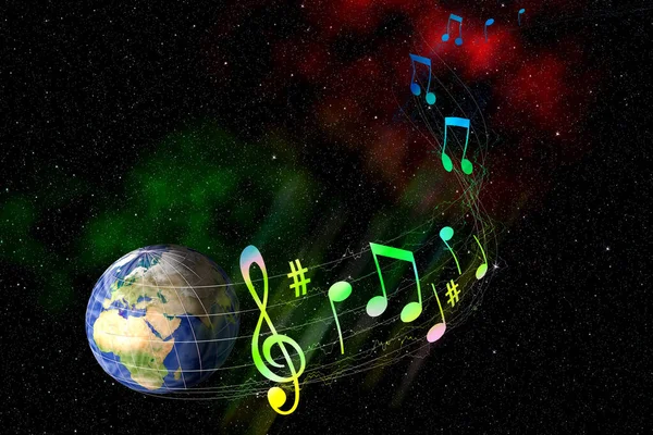 Música espacial de fundo. Planeta Terra no espaço. O globo voando — Fotografia de Stock