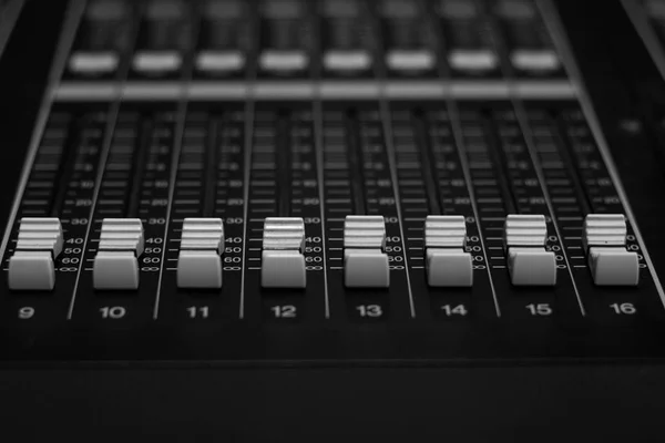 Monochrome Style Professional Audio Sound Mixing Console Faders Black Desk — Stock Photo, Image