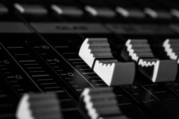 Closeup View Faders Professional Digital Audio Mixing Control Console Zero — Stock Photo, Image